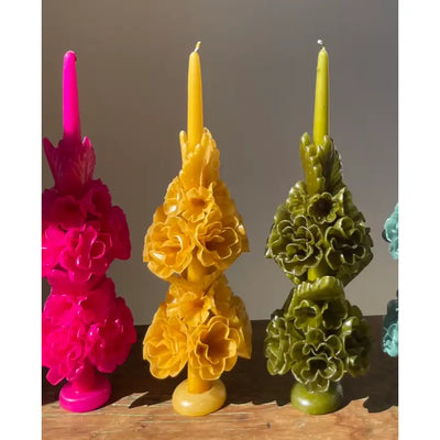 Tall Mexican Floral Candle - Olive