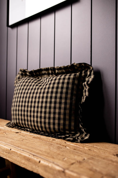 Olive Green Gingham Ruffle Lumbar Pillow Sham