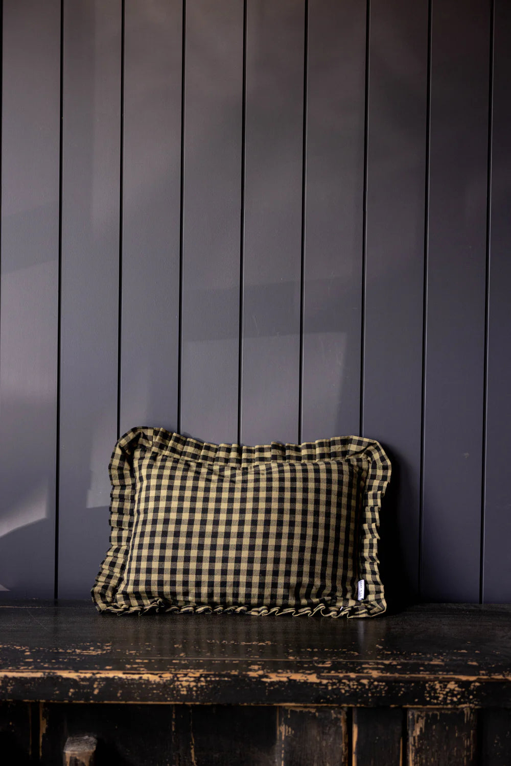 Olive Green Gingham Ruffle Lumbar Pillow Sham