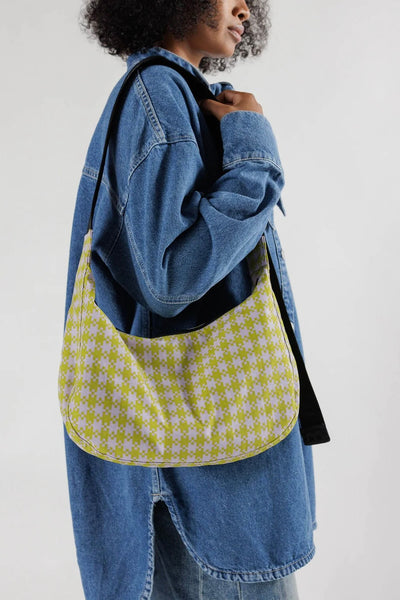 Medium Nylon Crescent Bag - Pink Pistachio Pixel Gingham