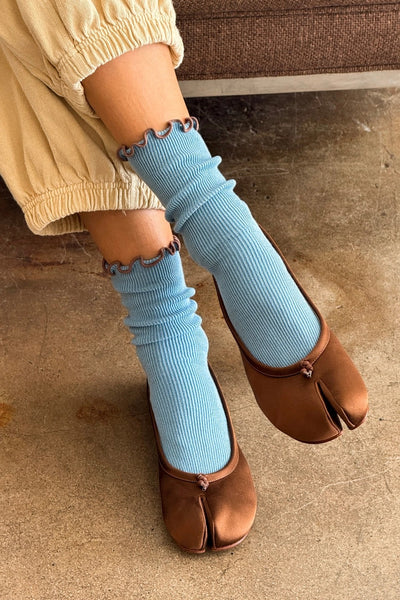 Ruffled Modal Socks - Powder Blue/Brown Edge