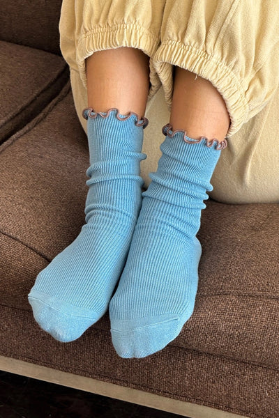 Ruffled Modal Socks - Powder Blue/Brown Edge