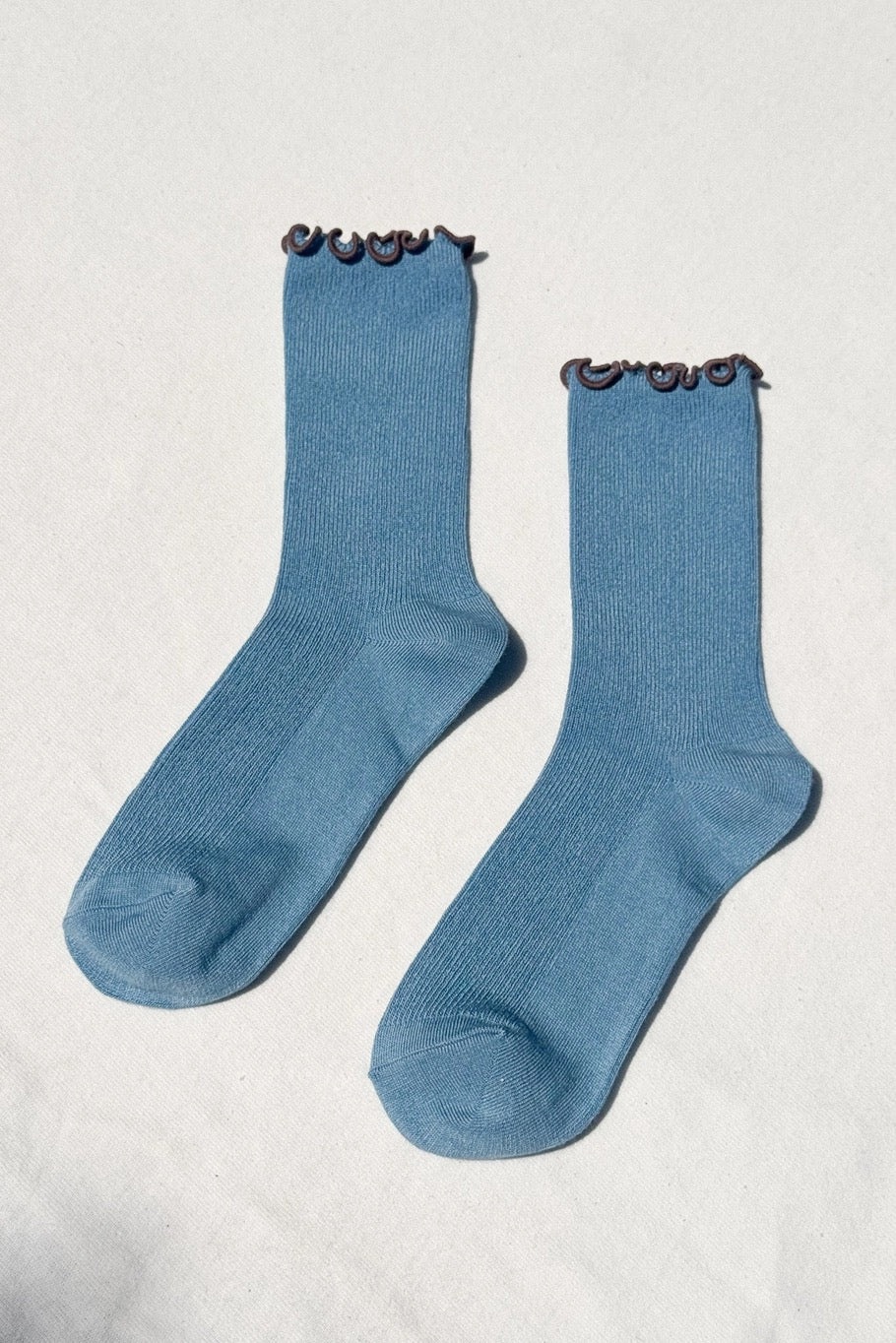 Ruffled Modal Socks - Powder Blue/Brown Edge