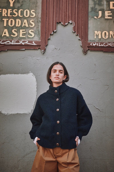 George High-Neck Cardigan Jacket in Yak-Merino Wool - Midnight Blue