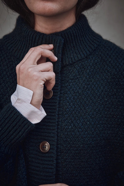 George High-Neck Cardigan Jacket in Yak-Merino Wool - Midnight Blue