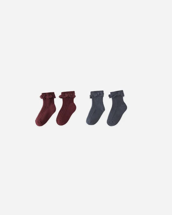 Two-Pack Lace Trim Socks - Burgundy + Navy