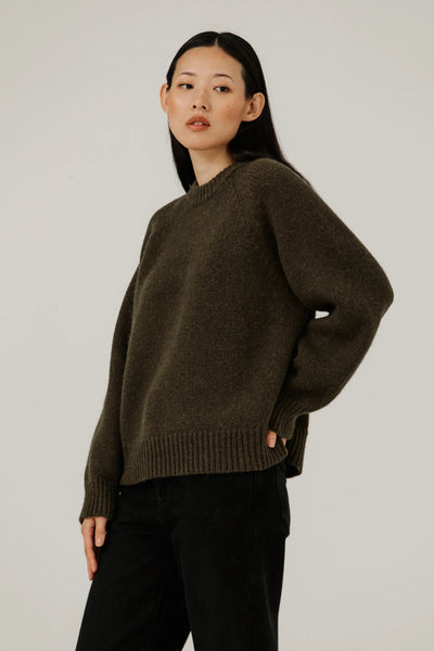 Classic Oversized Crewneck in Dark Olive