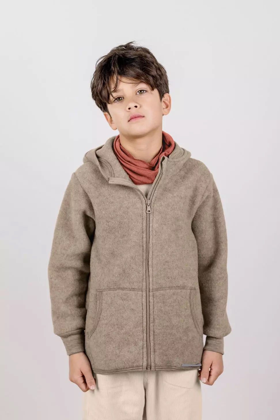 Veste à capuche en laine bouillie pour enfant - Noyer