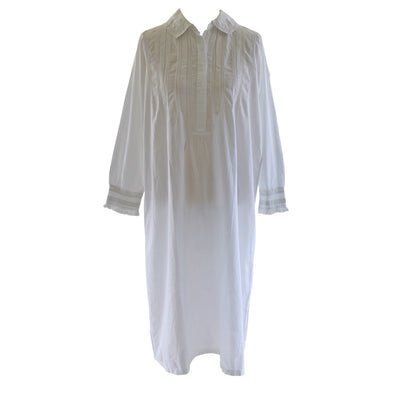 Florence White Long Sleeved Cotton Nightdress with Lace Trim Collar
