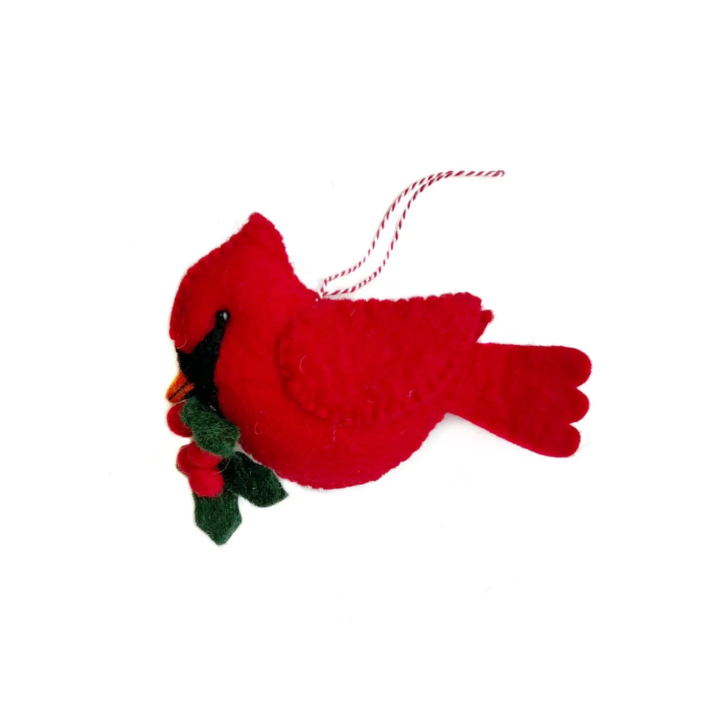 Large Cardinal with Holly Felt Wool Christmas Ornament