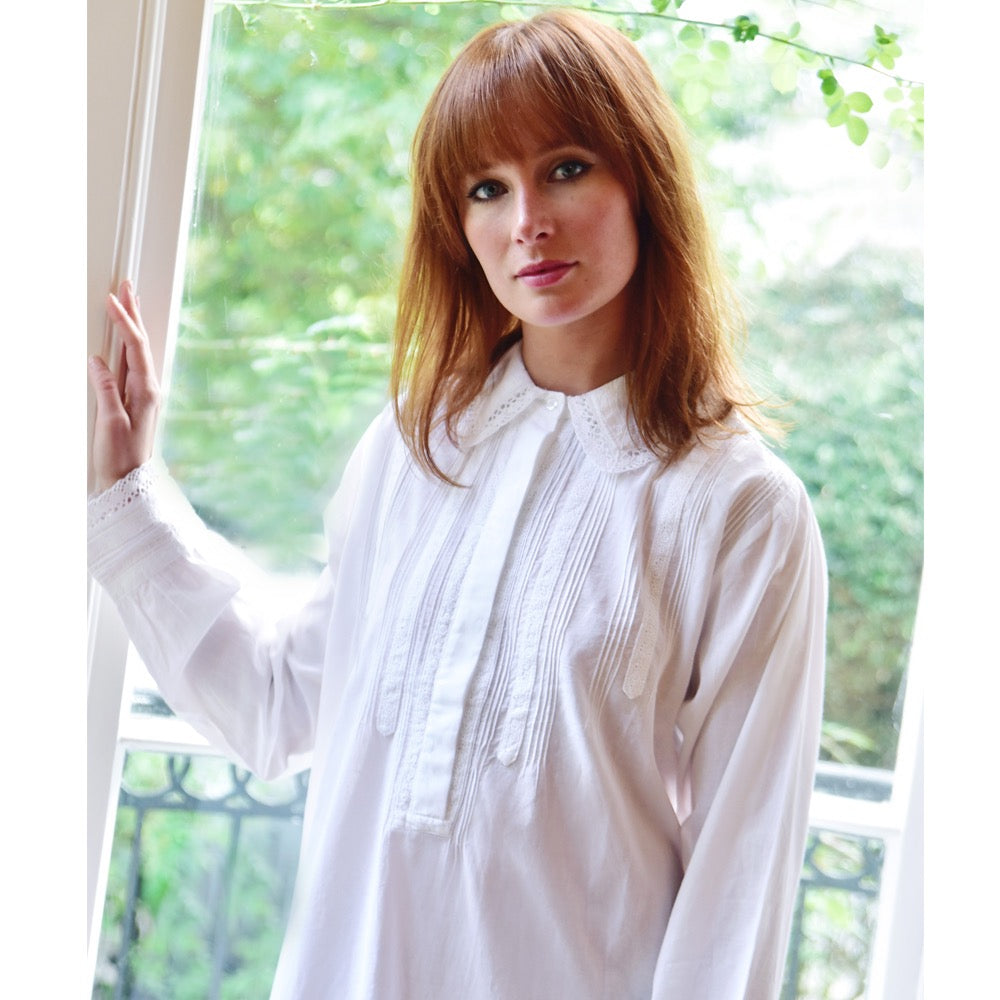 Florence White Long Sleeved Cotton Nightdress with Lace Trim Collar