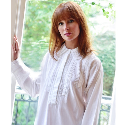 Florence White Long Sleeved Cotton Nightdress with Lace Trim Collar