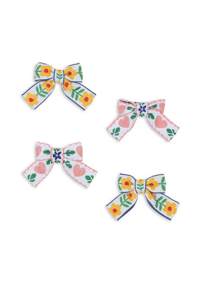 Bow Hair Clips -Pack of Four - White/Rose