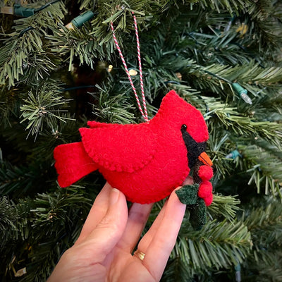 Large Cardinal with Holly Felt Wool Christmas Ornament