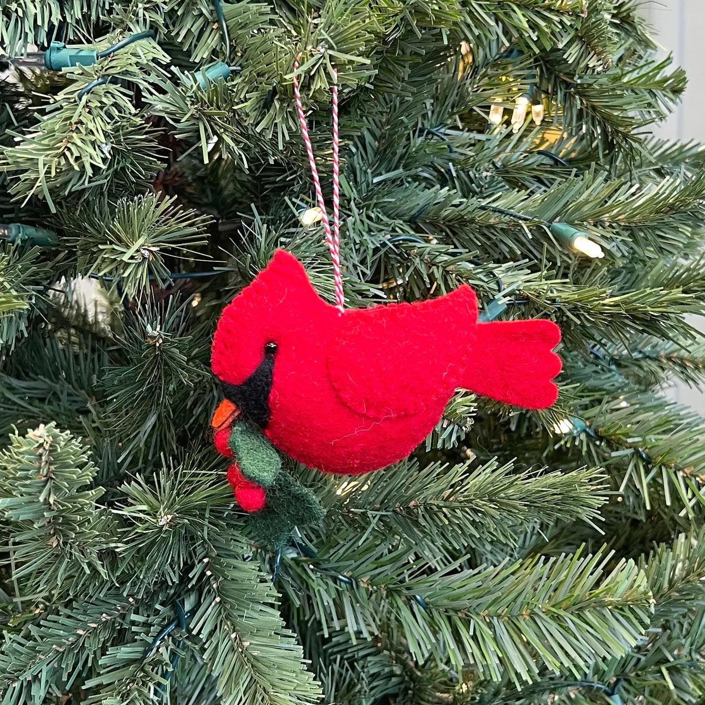 Large Cardinal with Holly Felt Wool Christmas Ornament