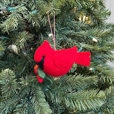 Large Cardinal with Holly Felt Wool Christmas Ornament