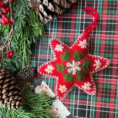 Red Six Pointed Star Embroidered Wool Christmas Ornament